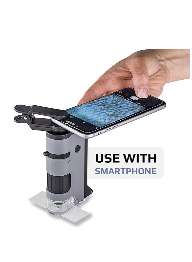 Carson MicroFlip 100x-250x LED and UV Lighted Pocket Microscope with Flip Down Slide Base and Smartphone Digiscoping Clip (MP-250)