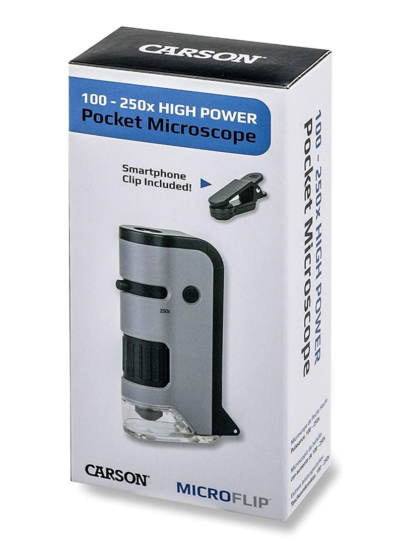 Carson MicroFlip 100x-250x LED and UV Lighted Pocket Microscope with Flip Down Slide Base and Smartphone Digiscoping Clip (MP-250)