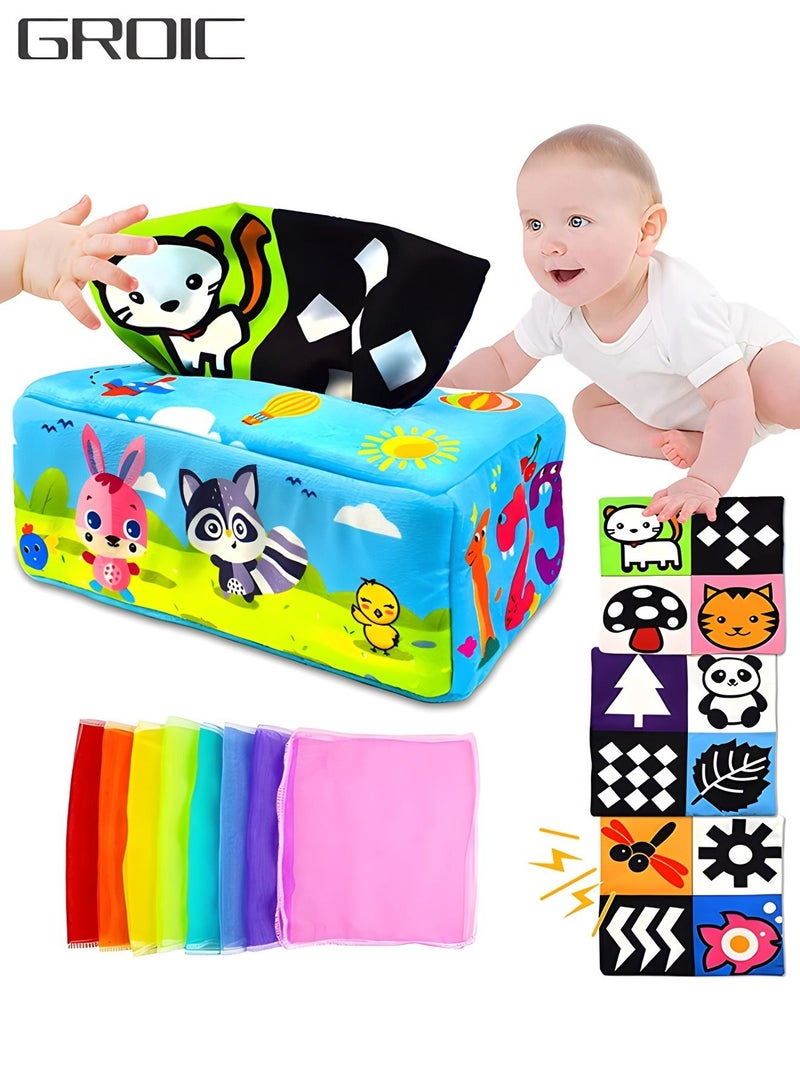 Baby Tissue Box Toys,Soft Montessori Toys for Babies,Infant Newborn Toddlers Sensory Toys Baby Magic Tissue Box,Early Learning Toys, Crinkle Toys
