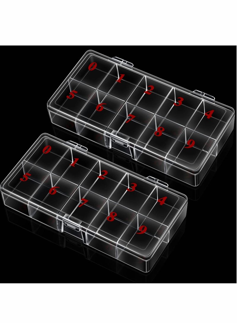Nail Tip Box, 2 PCS False Nail Tips Transparent Storage Box with 10 Number Spaces Fake Nail Organizer Storage Cases Clear Container Nail Box Grid Boxes for Fingernail Crystal Jewelry Nail Accessories