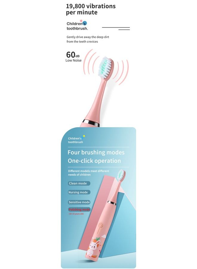 Electric Toothbrush for KIDS- 4 Powerful Cleaning & Whitening Modes with Soft Dupont Bristles 3 Hours Quick Charge for 45 Days IPX7 Waterproof Travel Portable Oral Dental Care Kit PINK