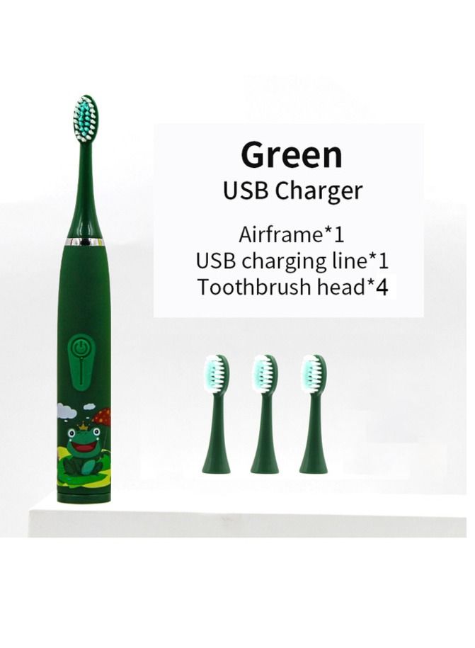 Electric Toothbrush for KIDS- 4 Powerful Cleaning & Whitening Modes with Soft Dupont Bristles 3 Hours Quick Charge for 45 Days IPX7 Waterproof Travel Portable Oral Dental Care Kit GREEN