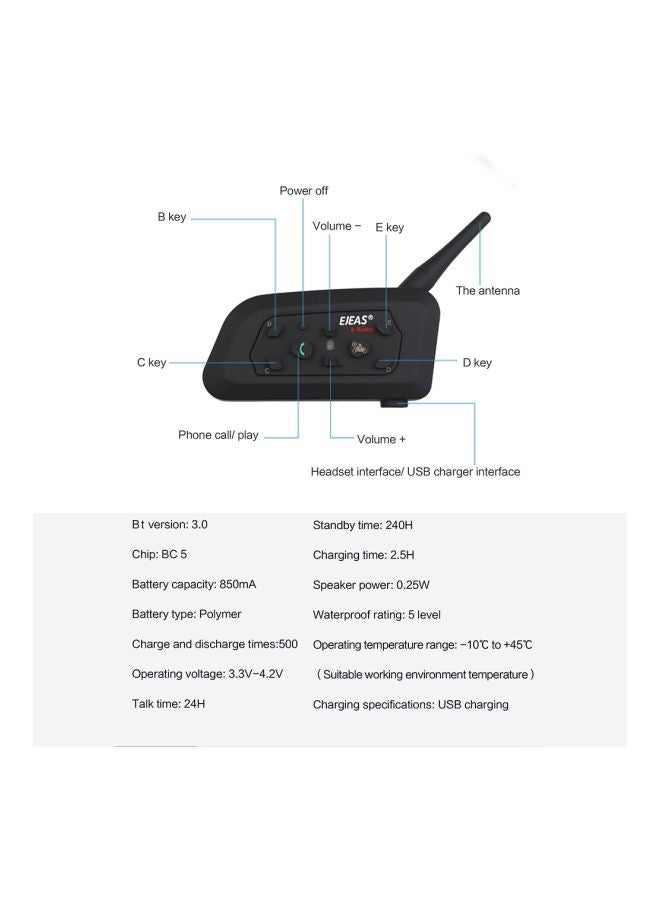 2-Piece Bluetooth Motorcycle Helmet Intercom Headset Black