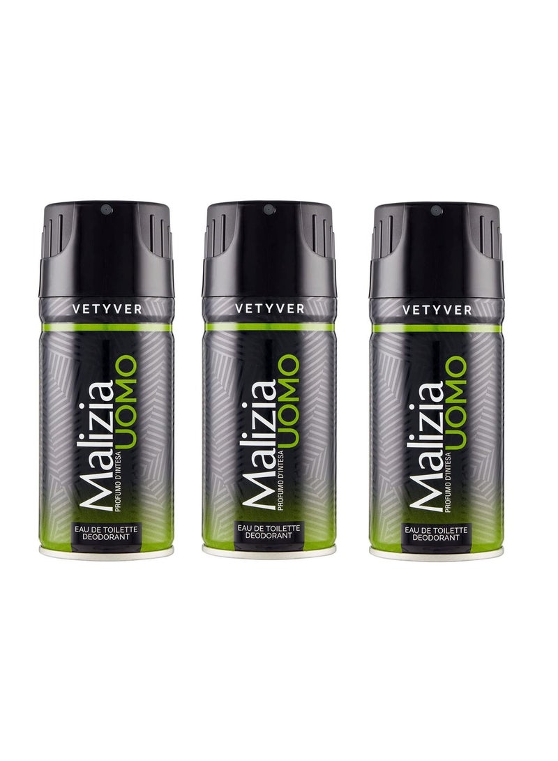 Malizia Uomo Deo Vetyver Body Spray 150 ml (Pack of 3) 3X150ml