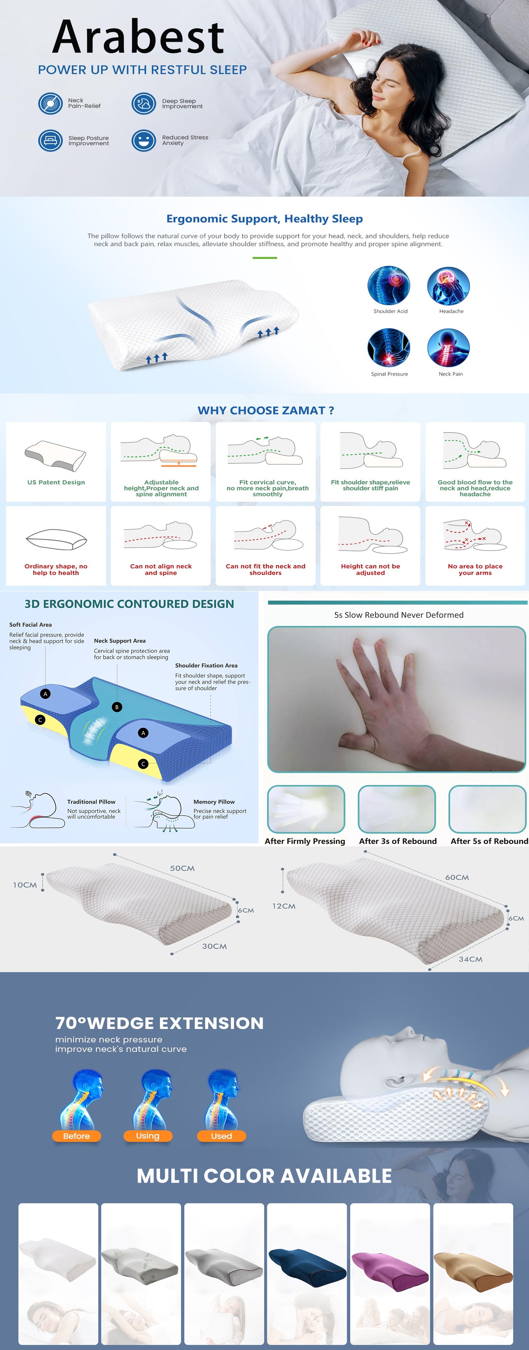 Contour Memory Foam Pillow for Neck Pain Relief for Side Back Stomach Sleepers Purple