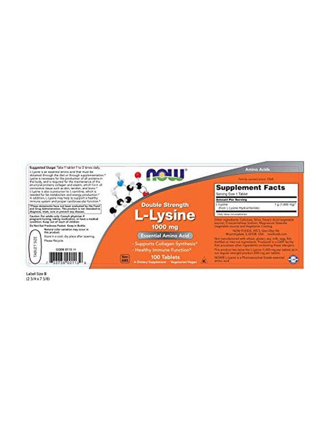 L-Lysine 1,000 mg Essential Amino Acid Dietary Supplement - 100 Tablets