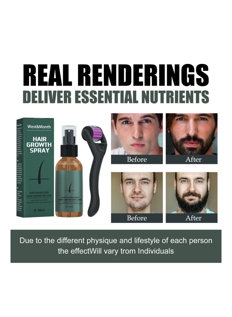 Beard Growth Spray Set for Men Nourishing Moisturizing Moustache Growth Enhancer Anti Hair Loss Care Serum with Beard Roller