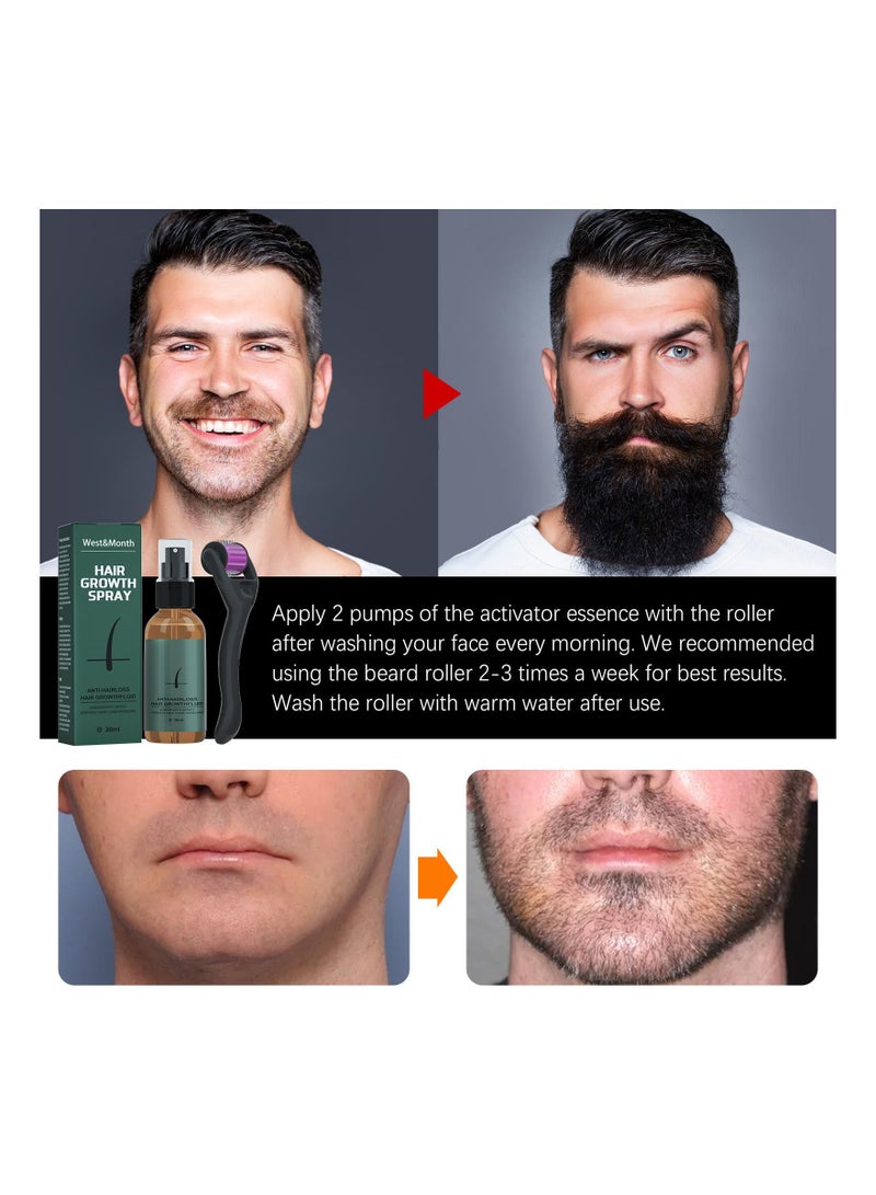 Beard Growth Spray Set for Men Nourishing Moisturizing Moustache Growth Enhancer Anti Hair Loss Care Serum with Beard Roller