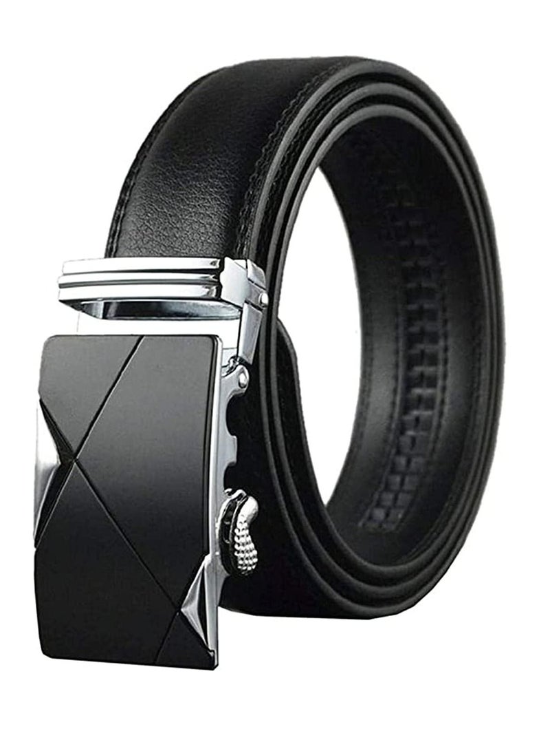 Mens Belt,Genuine Leather Fashion Belt Ratchet Dress Belt with Automatic Buckle, Soft Leather Business Belt Fashion for Casual Dress Jeans Khakis (Silver Buckle, Black)