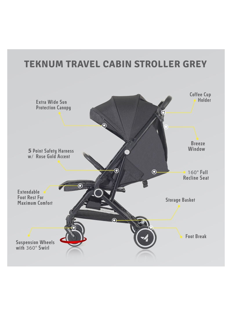 Travel Cabin Stroller with Extra Wide Canopy, Reclining Seat, Breathable Fabric - Black, 0m+ - 22kg