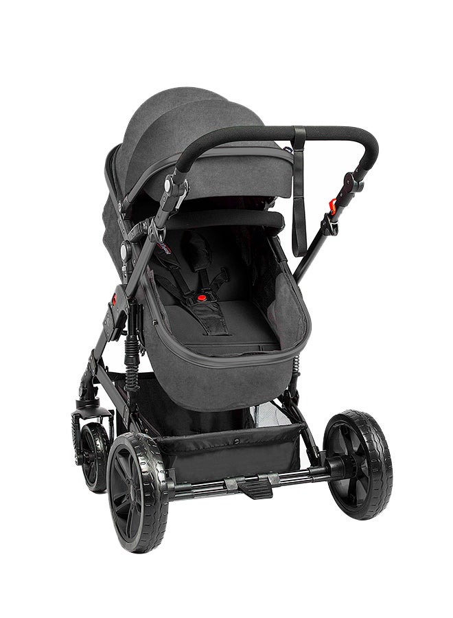 3In1 Pram Stroller Sleeping Bassinet With Extra Wide Seat And Wide Canopy 360° Rotating Wheels Space Grey