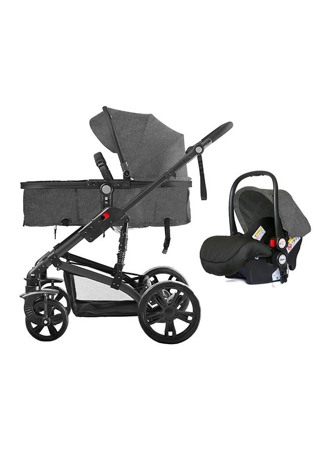 3In1 Pram Stroller Sleeping Bassinet With Extra Wide Seat And Wide Canopy 360° Rotating Wheels Space Grey