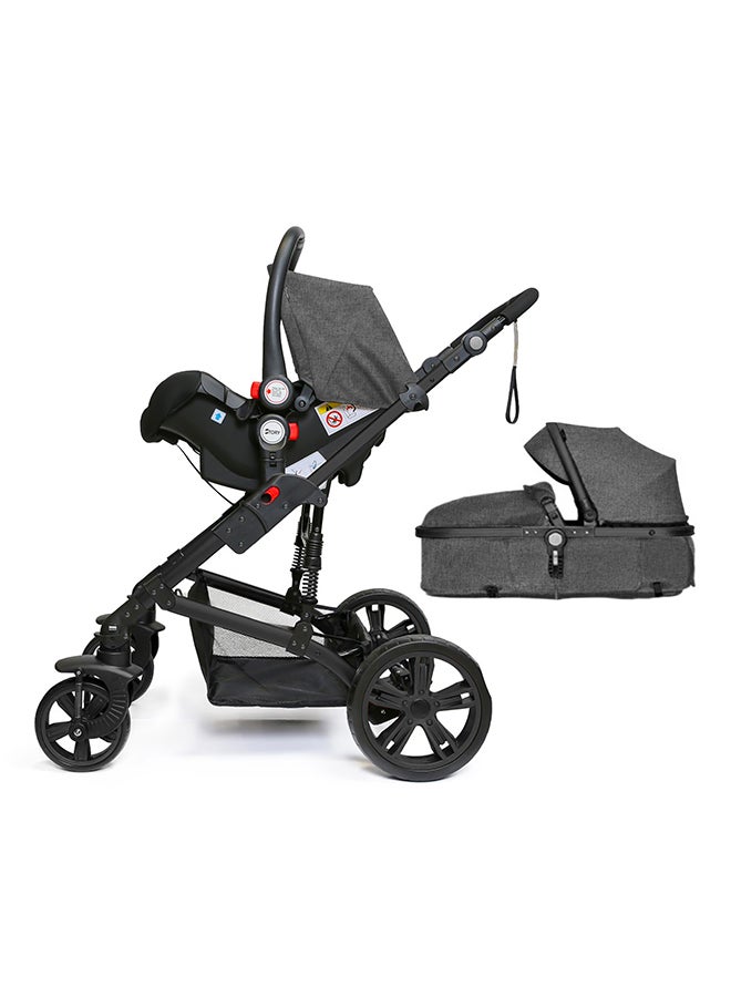 3In1 Pram Stroller Sleeping Bassinet With Extra Wide Seat And Wide Canopy 360° Rotating Wheels Space Grey