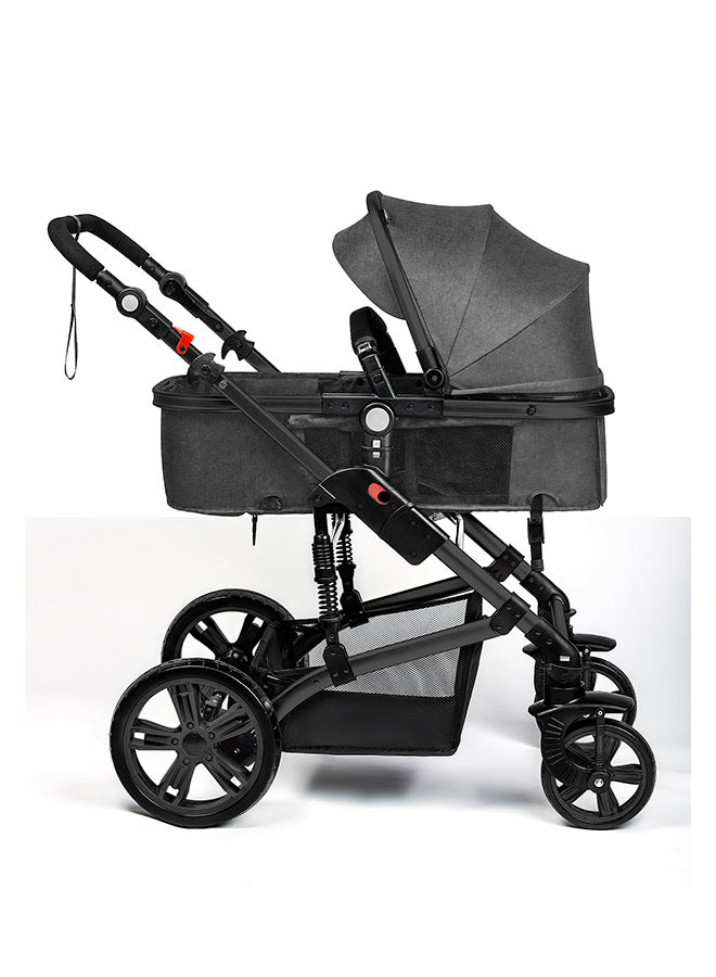3In1 Pram Stroller Sleeping Bassinet With Extra Wide Seat And Wide Canopy 360° Rotating Wheels Space Grey