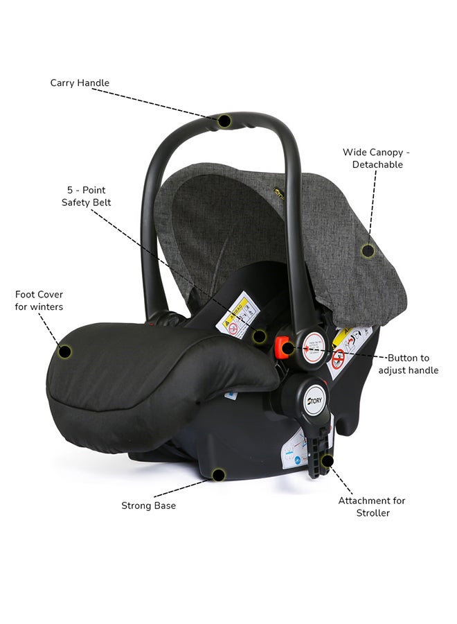 3In1 Pram Stroller Sleeping Bassinet With Extra Wide Seat And Wide Canopy 360° Rotating Wheels Space Grey
