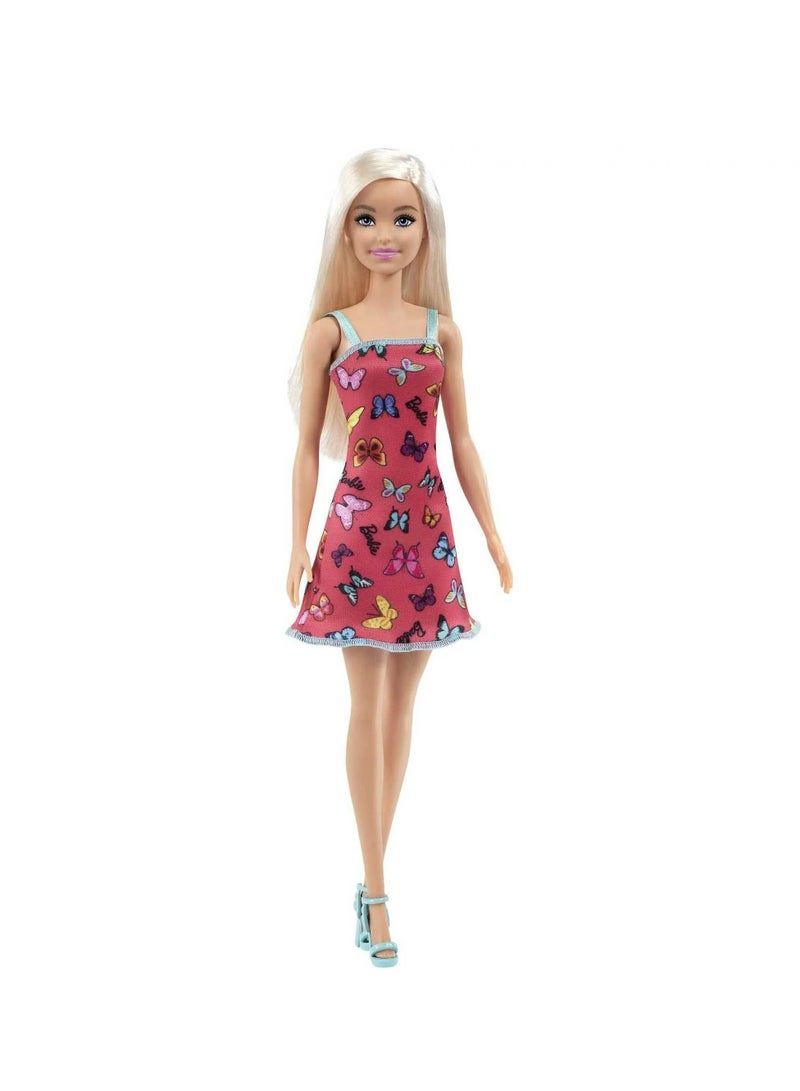 Barbie Fashion Doll with Blonde Hair Dressed in Colorful Butterfly Print Dress