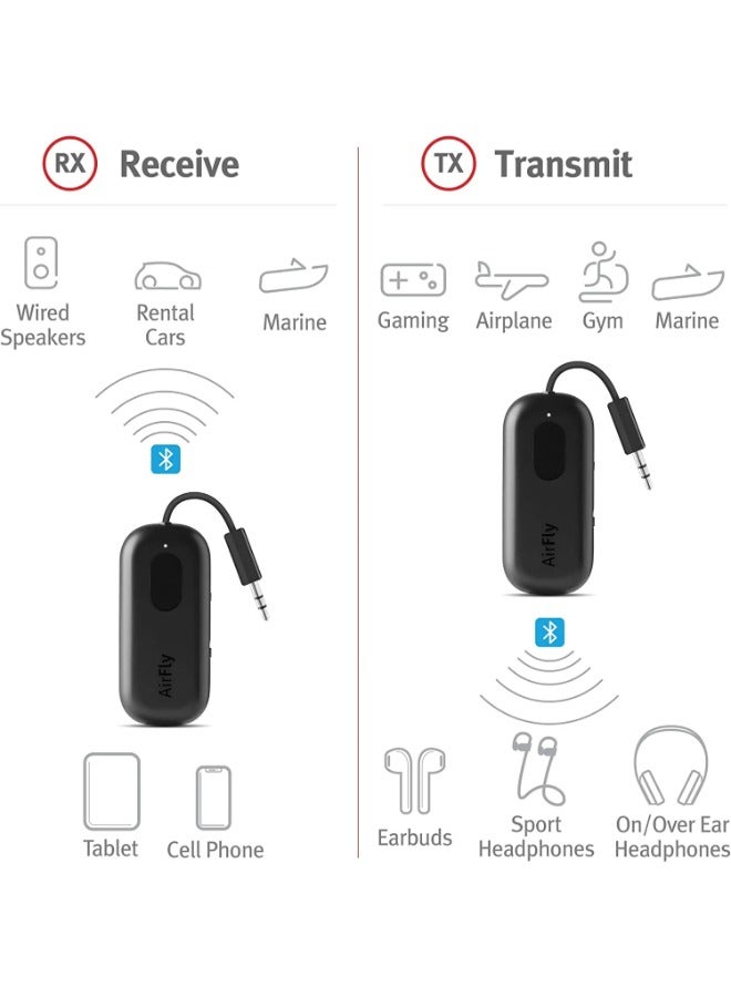 AirFly Pro Bluetooth Wireless Audio Transmitter/ Receiver for up to 2 AirPods /Wireless Headphones, Use with any 3.5 mm Audio Jack on Airplanes, Gym Equipment, TVs, iPad/Tablets and Auto - Black