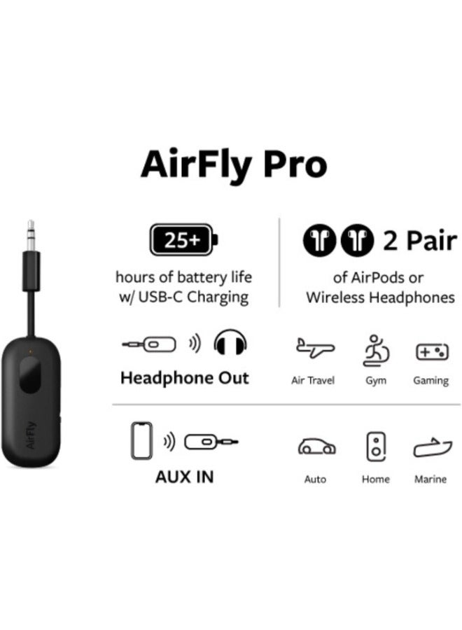 AirFly Pro Bluetooth Wireless Audio Transmitter/ Receiver for up to 2 AirPods /Wireless Headphones, Use with any 3.5 mm Audio Jack on Airplanes, Gym Equipment, TVs, iPad/Tablets and Auto - Black