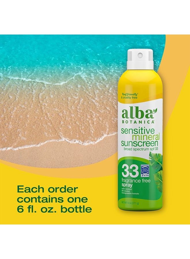 Sunscreen for Face and Body, Fragrance-Free Sheer Mineral Sunscreen Spray, Broad Spectrum SPF 33, Water Resistant and Biodegradable, 6 fl. oz. Bottle