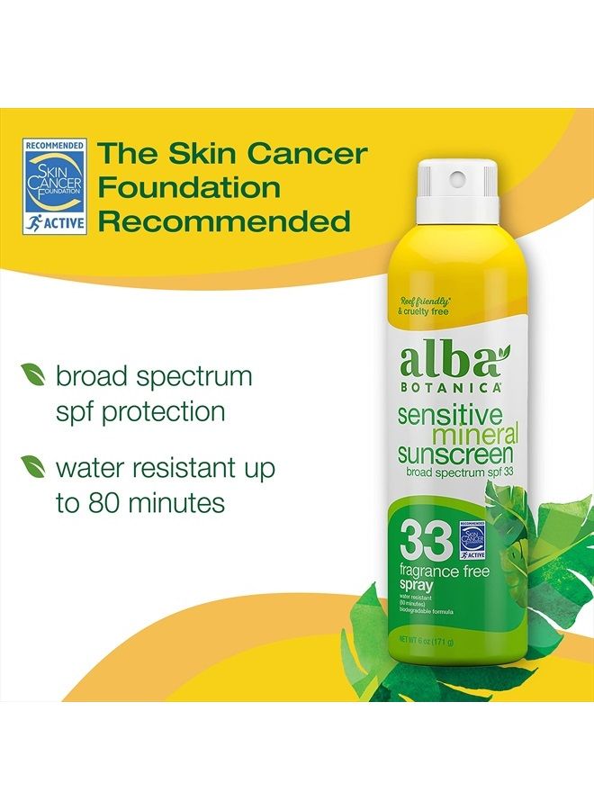 Sunscreen for Face and Body, Fragrance-Free Sheer Mineral Sunscreen Spray, Broad Spectrum SPF 33, Water Resistant and Biodegradable, 6 fl. oz. Bottle