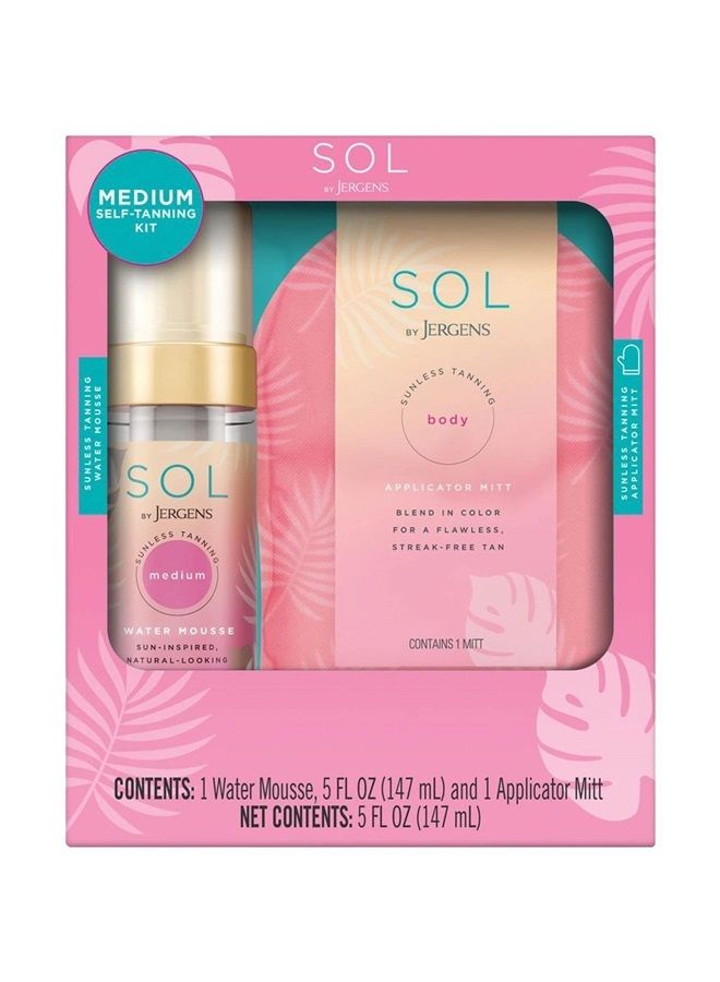 SOL by Jergens Self Tanner Water Mousse Kit in Medium, Dye-free Sunless Tanning Foam and Tanning Mitt, Cruelty Free, Vegan Friendly Self Tanning Mousse, 5 Oz + 1 Mitt