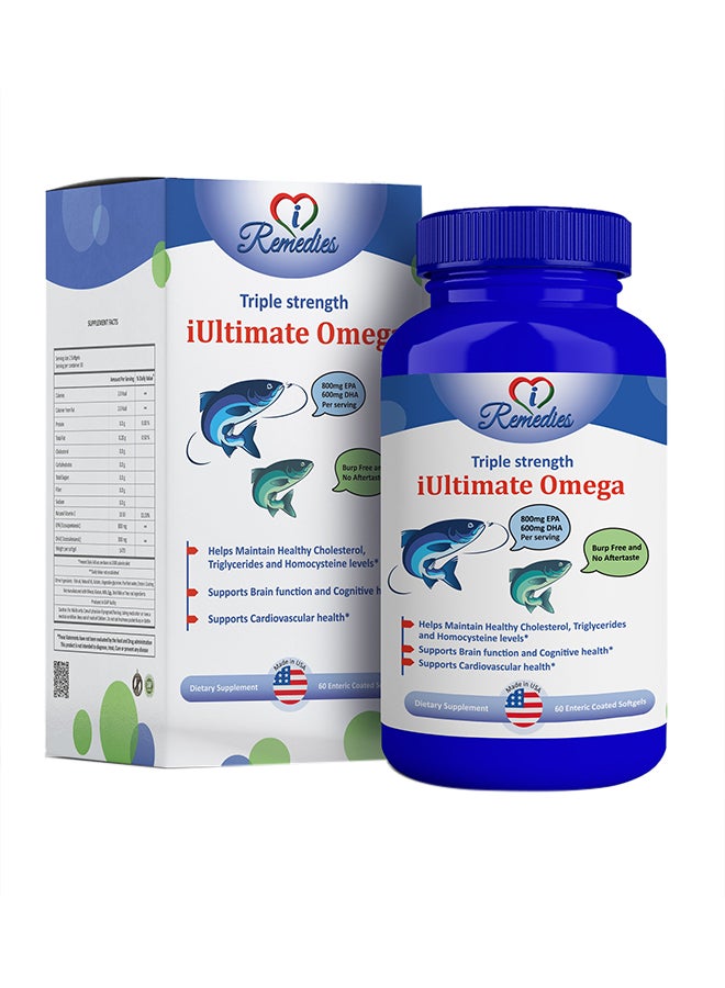 iUltimate Omega -3 Enteric Coated capsules, Triple Strength Omega 3 , High Potency Fish Oil EPA- 800 mg, DHA- 600 mg