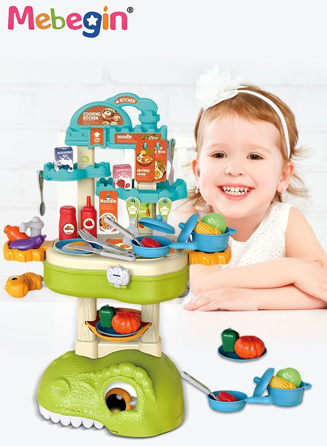 49 Pcs Dinosaur-shaped Kitchen Playset with Trolley Case, 3 in 1 Kitchen Pretend Toy, Simulation Kitchen Toys Set with Various Vivid Foods, Creative Safety Play House Toys, Ideal Gift for Kids Aged 3+