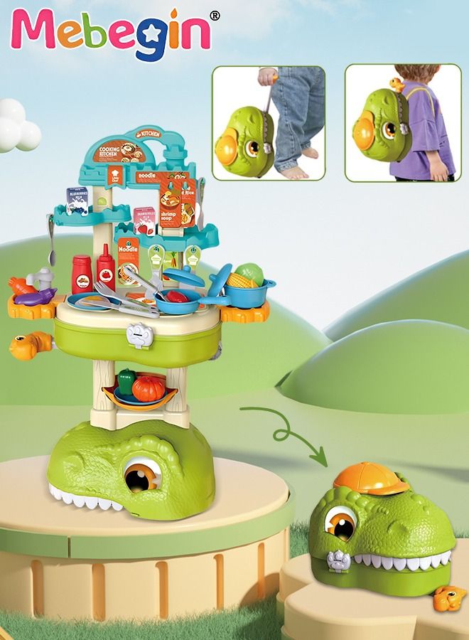 49 Pcs Dinosaur-shaped Kitchen Playset with Trolley Case, 3 in 1 Kitchen Pretend Toy, Simulation Kitchen Toys Set with Various Vivid Foods, Creative Safety Play House Toys, Ideal Gift for Kids Aged 3+