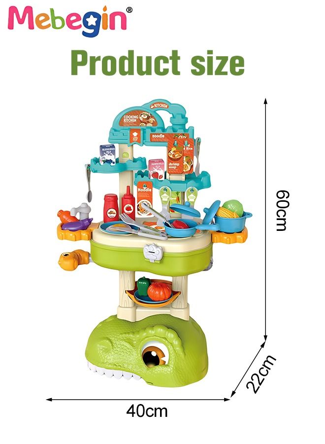 49 Pcs Dinosaur-shaped Kitchen Playset with Trolley Case, 3 in 1 Kitchen Pretend Toy, Simulation Kitchen Toys Set with Various Vivid Foods, Creative Safety Play House Toys, Ideal Gift for Kids Aged 3+
