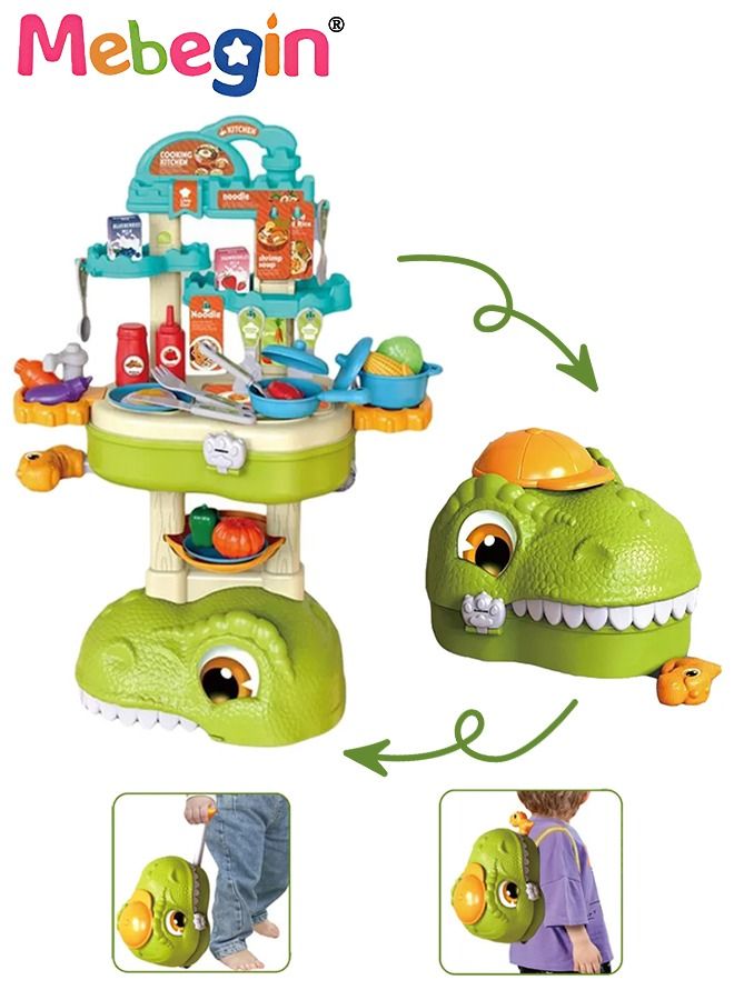 49 Pcs Dinosaur-shaped Kitchen Playset with Trolley Case, 3 in 1 Kitchen Pretend Toy, Simulation Kitchen Toys Set with Various Vivid Foods, Creative Safety Play House Toys, Ideal Gift for Kids Aged 3+