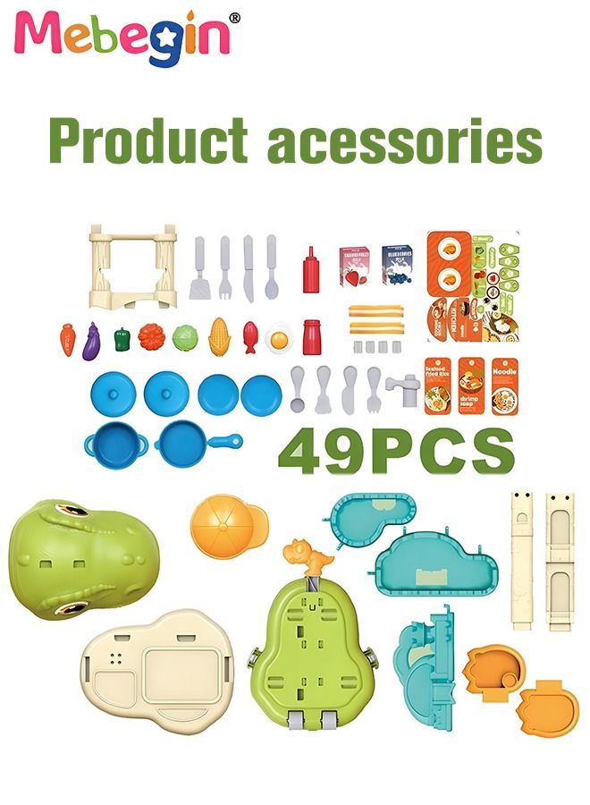 49 Pcs Dinosaur-shaped Kitchen Playset with Trolley Case, 3 in 1 Kitchen Pretend Toy, Simulation Kitchen Toys Set with Various Vivid Foods, Creative Safety Play House Toys, Ideal Gift for Kids Aged 3+