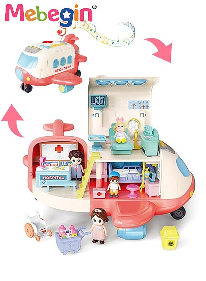 Mini Medical Aircraft, Airplane Deforming Hospital Playset with Music and Light, Pretend First-aid Station with Dolls and Other Accessories, Fun Role Playing Game, Ideal Gift for Kids Aged 3+