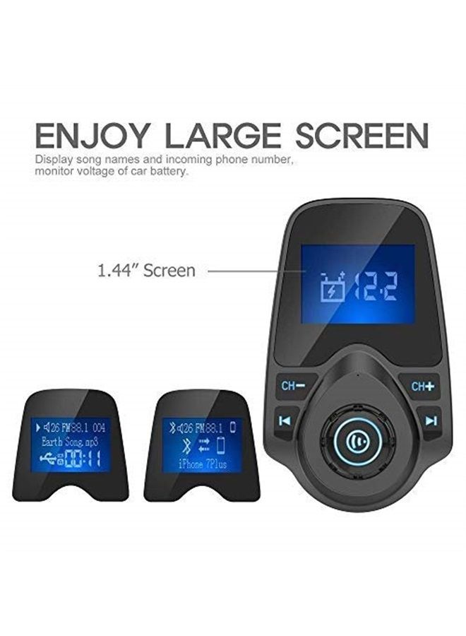 Bluetooth Car FM Transmitter Audio Adapter Receiver Wireless Handsfree Voltmeter Car Kit TF Card AUX 1.44 Display - KM18 Black Matte