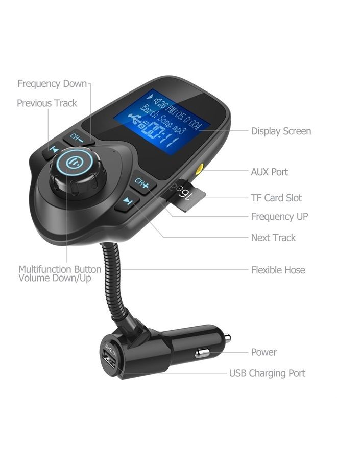 Bluetooth Car FM Transmitter Audio Adapter Receiver Wireless Handsfree Voltmeter Car Kit TF Card AUX 1.44 Display - KM18 Black Matte