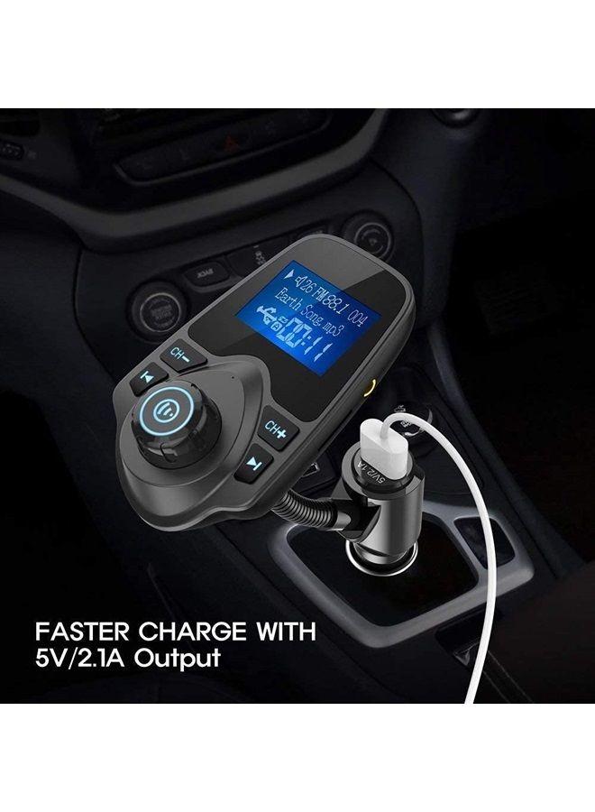 Bluetooth Car FM Transmitter Audio Adapter Receiver Wireless Handsfree Voltmeter Car Kit TF Card AUX 1.44 Display - KM18 Black Matte