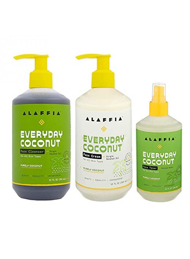 Alaffia EveryDay Coconut Face Cleanser Bundled with Coconut Face Toner & Everyday Coconut Face Cream, For All Skin Types, Leaves Skin Fresh & Hydrated, 3 Bottles - 12 fl oz Each