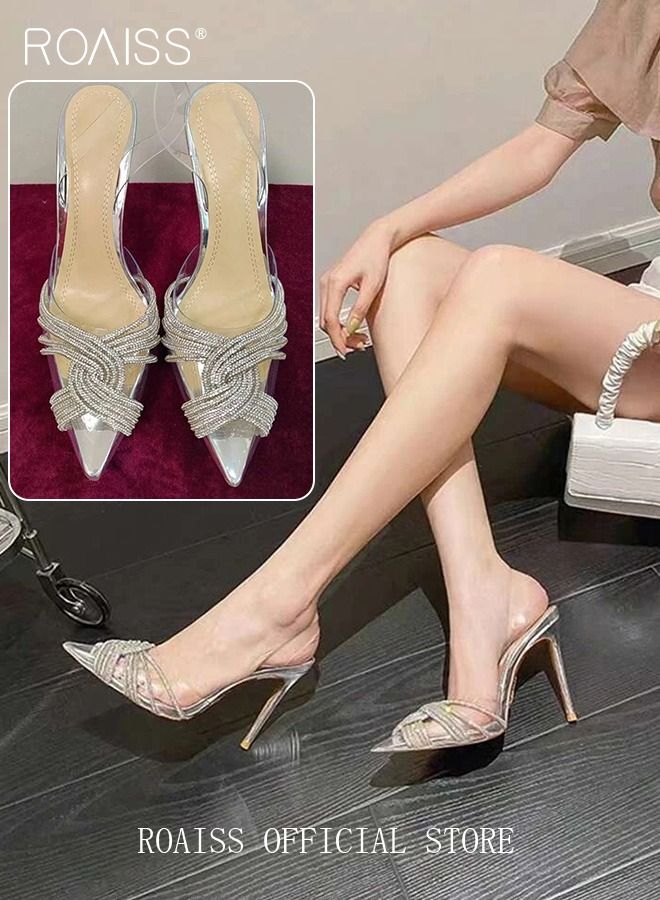 Women Rhinestone Decor Stiletto Heeled Pumps Glamorous Banquet Slingback Pumps Fashion Crystal High Heels Slip On Slingback Pointed Closed Toe Transparent PVC Dress Wedding Sandals Summer Shoes