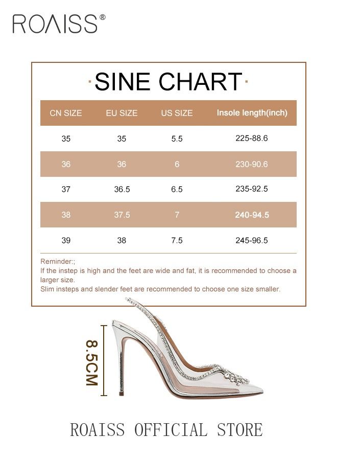 Women Rhinestone Decor Slingbacks PVC Stiletto Heeled Glamorous Pumps Fashion Crystal High Heels Slip On Slingback Pointed Closed Toe Transparent PVC Dress Wedding Sandals Summer Shoes