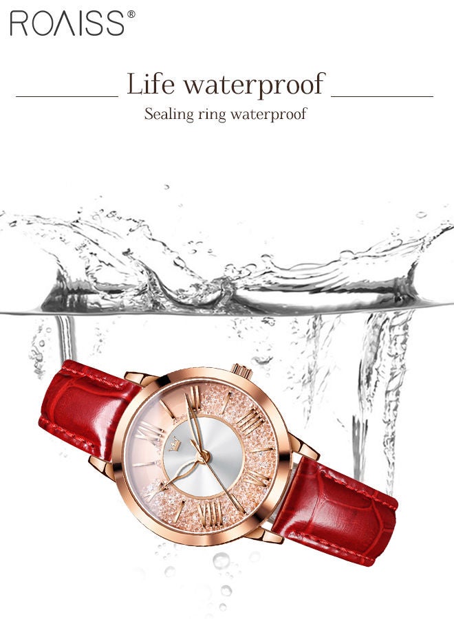 Women's Leather Strap Quartz Watch Analog Display Round Creative Quicksand Dial with Flowing Zirconium Waterproof Elegant Wristwatch as Gift for Ladies