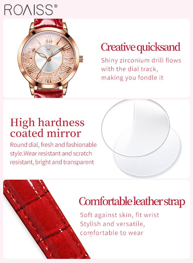 Women's Leather Strap Quartz Watch Analog Display Round Creative Quicksand Dial with Flowing Zirconium Waterproof Elegant Wristwatch as Gift for Ladies