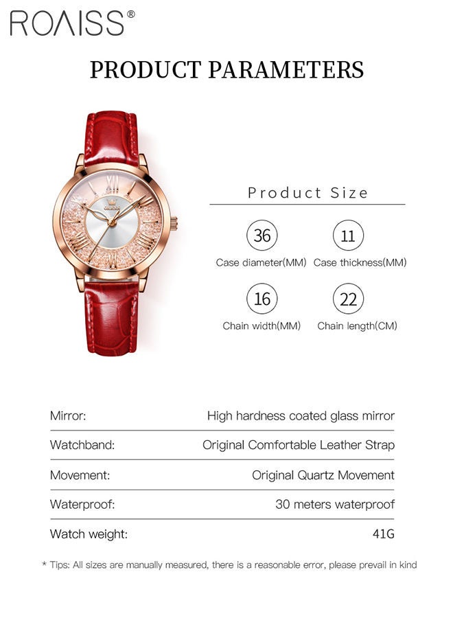 Women's Leather Strap Quartz Watch Analog Display Round Creative Quicksand Dial with Flowing Zirconium Waterproof Elegant Wristwatch as Gift for Ladies