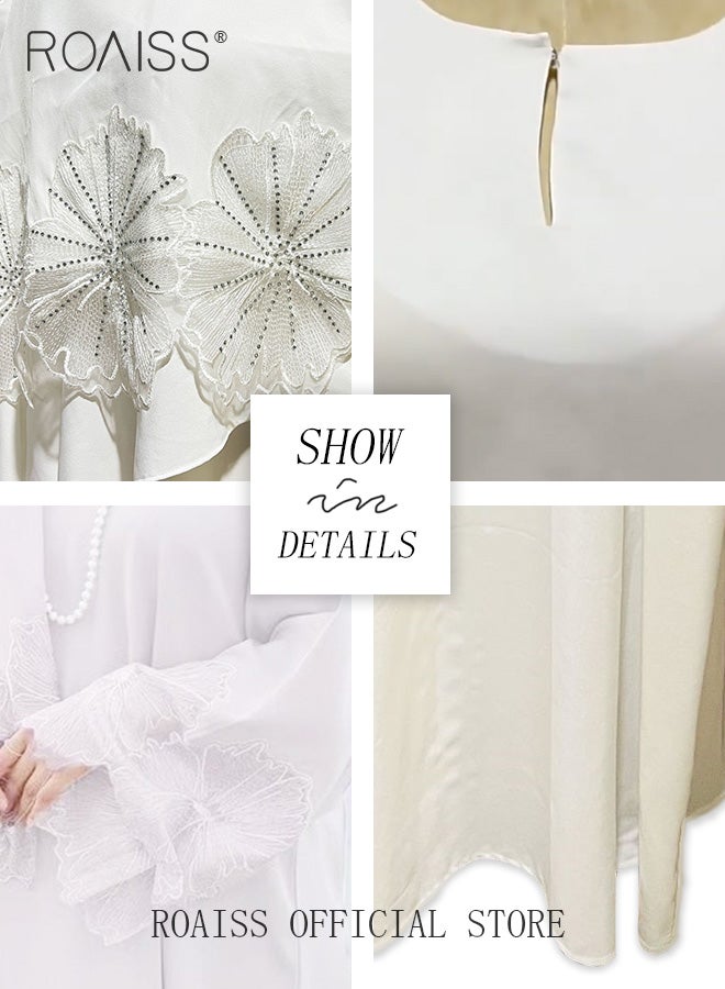 2Pcs-Women's Robe Dress Solid Color Floral Embroidery Lace Edge With Same Headscarf