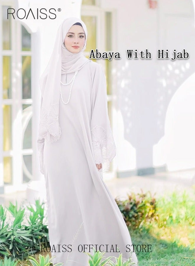 2Pcs-Women's Robe Dress Solid Color Floral Embroidery Lace Edge With Same Headscarf