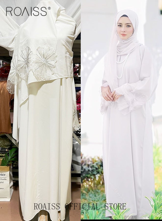 2Pcs-Women's Robe Dress Solid Color Floral Embroidery Lace Edge With Same Headscarf
