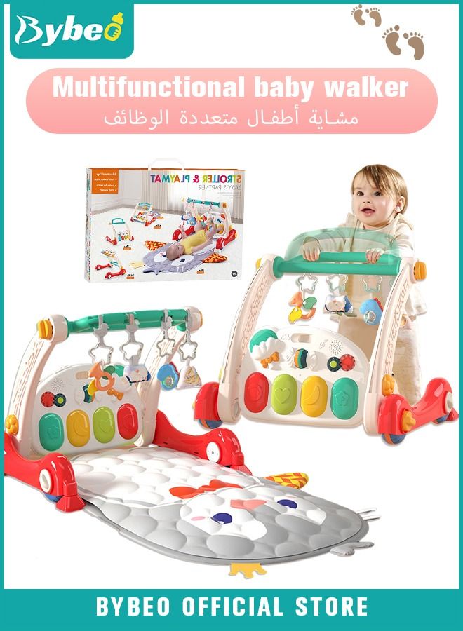 4 In 1 Baby Playmat & Play Piano Gym With Walker, Learning Walking Stroller and Soft Infants Floor Activity Center, Musical Keyboard, Tummy Time