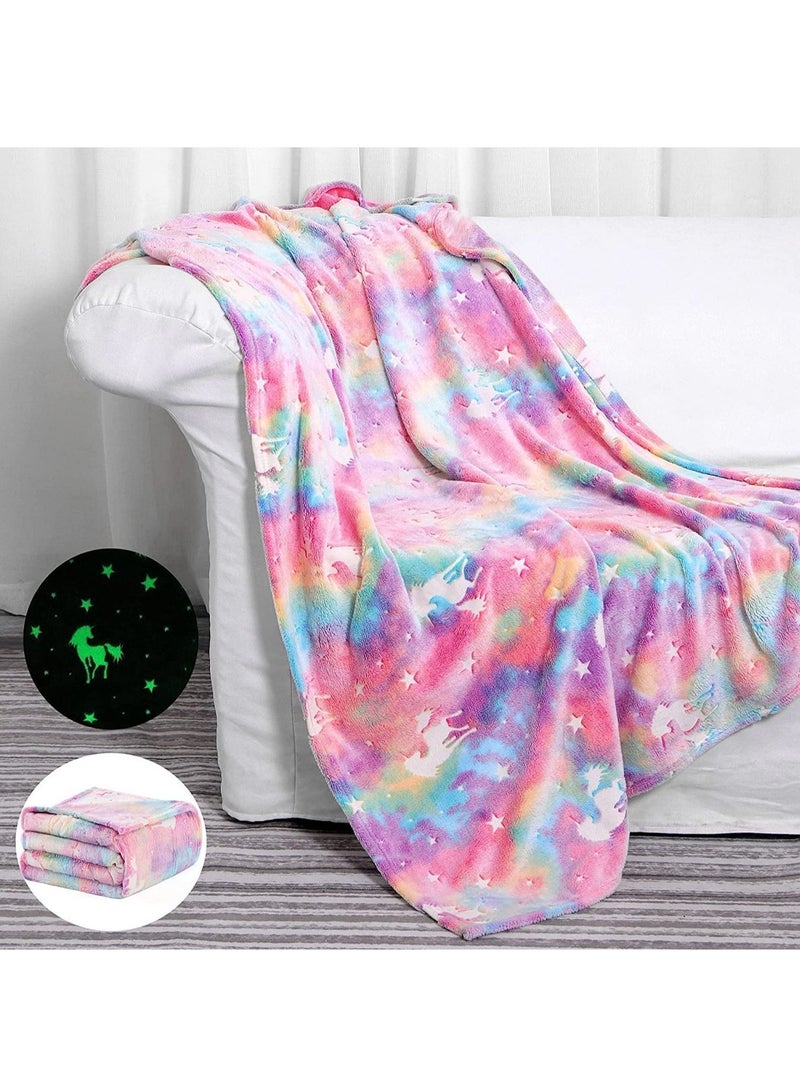 Glow in The Dark Throw Blanket Luminous Unicorns Blanket for Boys Girls Super Soft Fuzzy Plush Flannel Furry Fleece Blanket Perfect for Bed or Sofa Personalized Kids Gifts(Rainbow 50