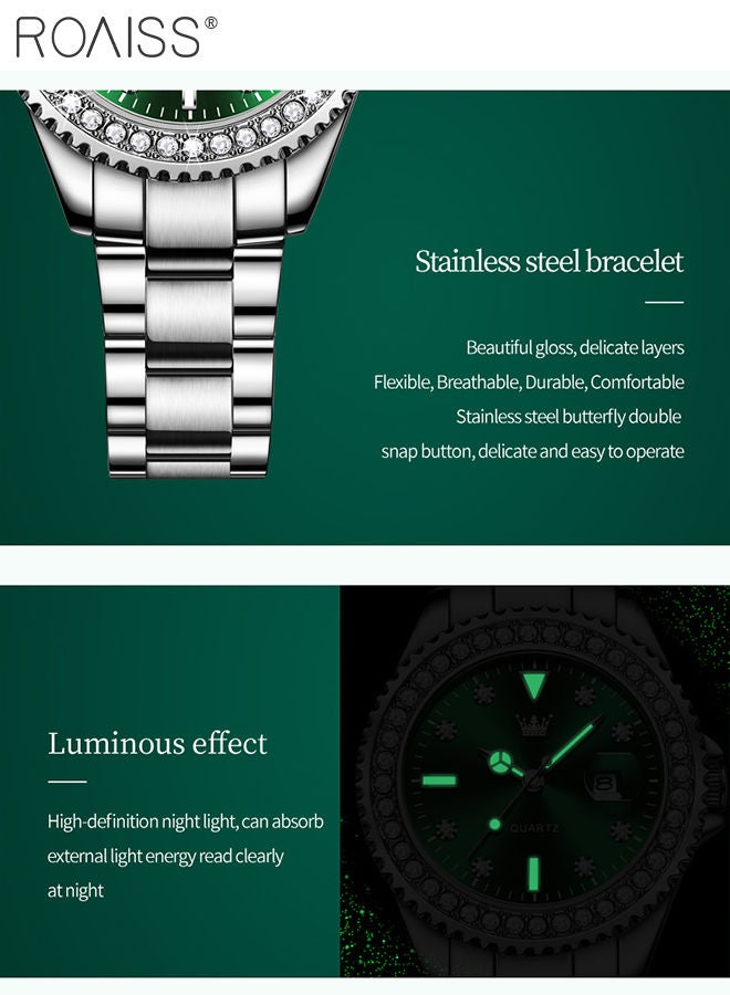 Women's Steel Strap Quartz Watch Analog Display Round Green Dial with Zirconium Diamond Decoration Waterproof Luxurious Wristwatch as Gift for Ladies