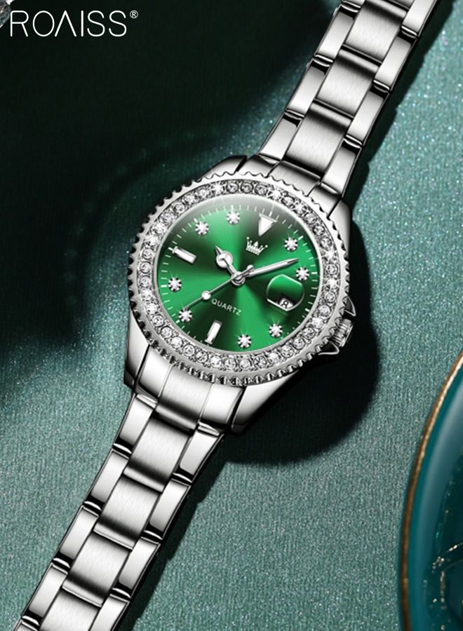 Women's Steel Strap Quartz Watch Analog Display Round Green Dial with Zirconium Diamond Decoration Waterproof Luxurious Wristwatch as Gift for Ladies