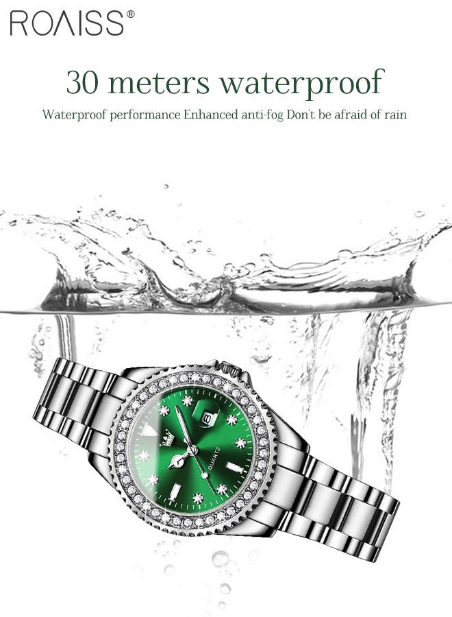 Women's Steel Strap Quartz Watch Analog Display Round Green Dial with Zirconium Diamond Decoration Waterproof Luxurious Wristwatch as Gift for Ladies