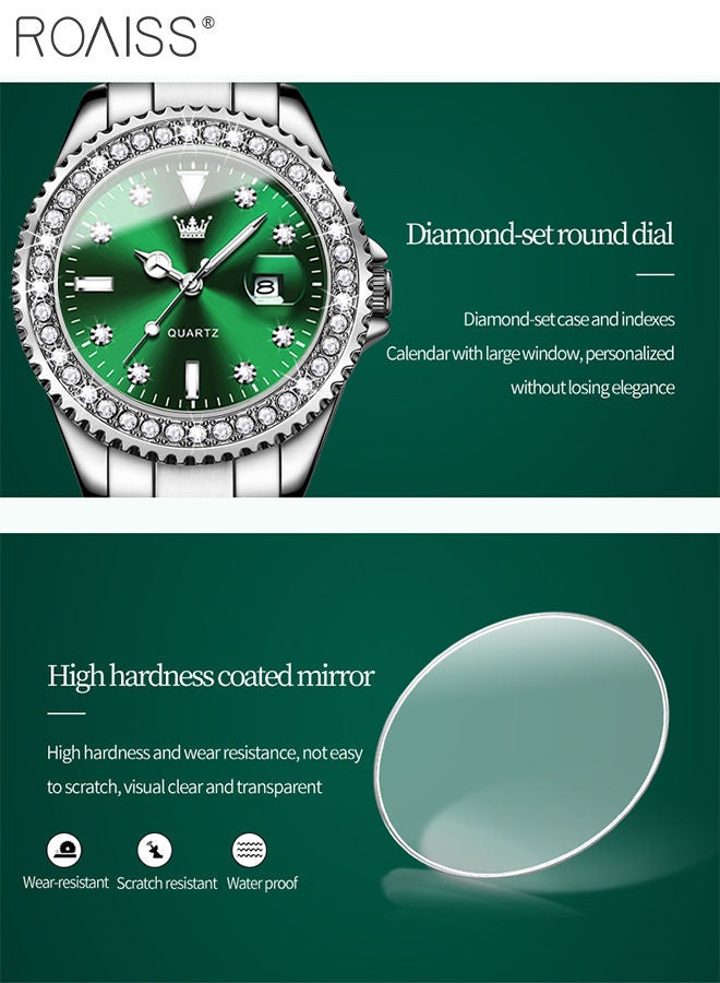 Women's Steel Strap Quartz Watch Analog Display Round Green Dial with Zirconium Diamond Decoration Waterproof Luxurious Wristwatch as Gift for Ladies